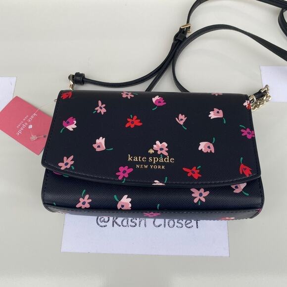 Kate Spade Crossbody Ditsy Buds Small Flap purse Black multi - Picture 6 of 9